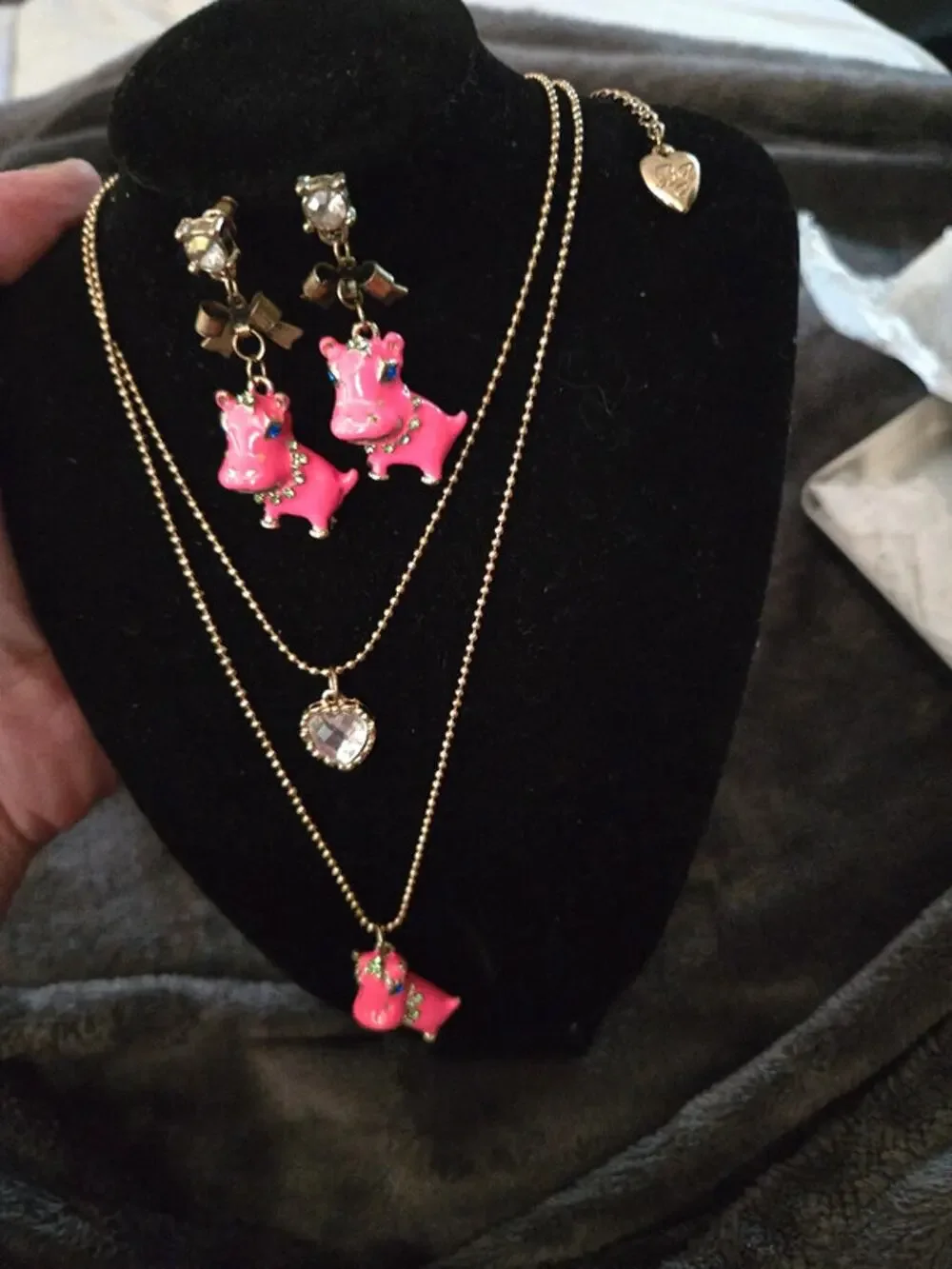 Vintage Pink Enamel hippo Betsey Johnson necklace/earrings set